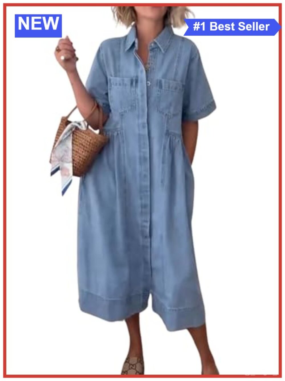 Women's Short Sleeve Denim Shirt Dress Midi A-Line Button Down Business Casual